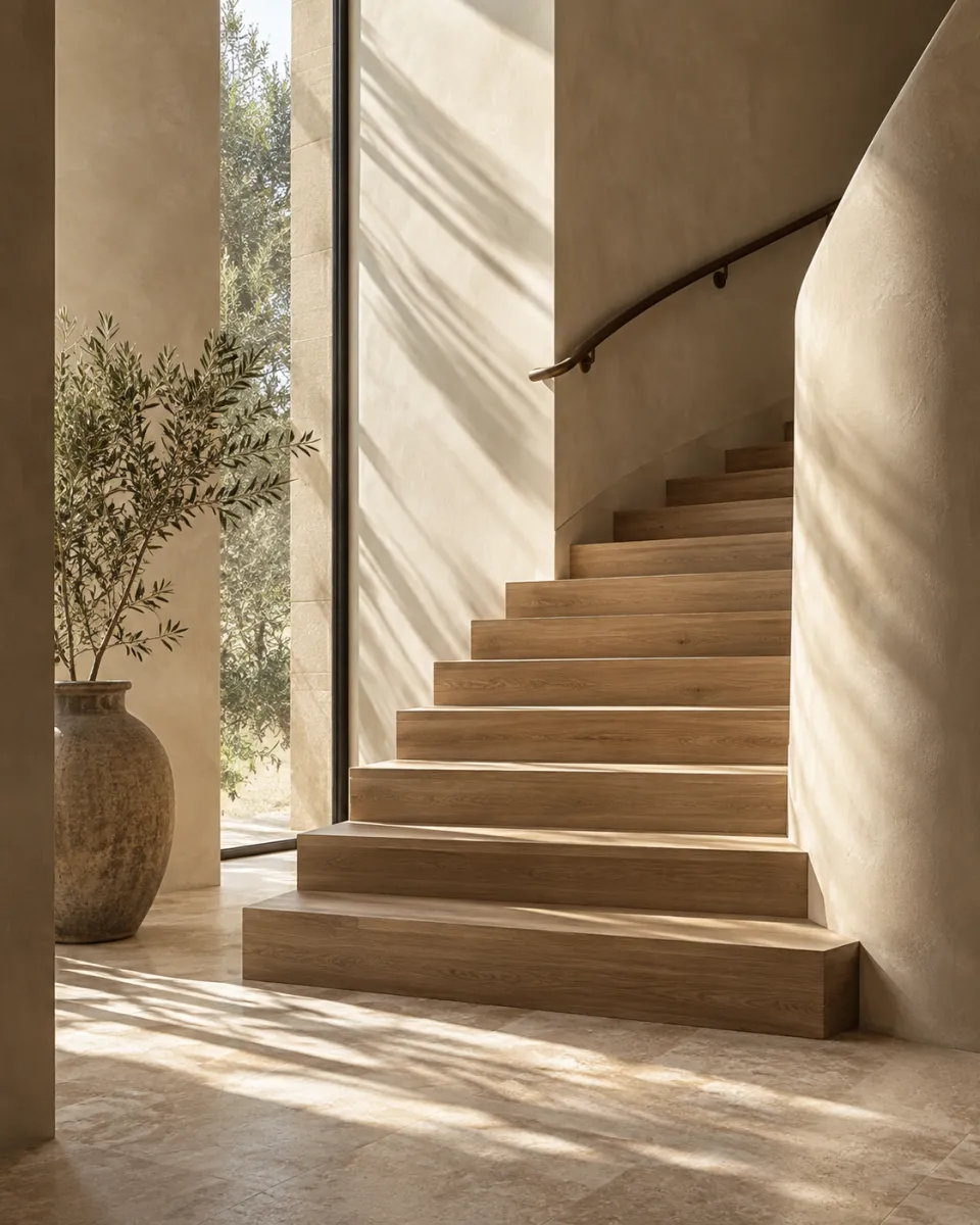 Craftsmanship inspiration: a sunlit oak staircase beside curved plaster walls