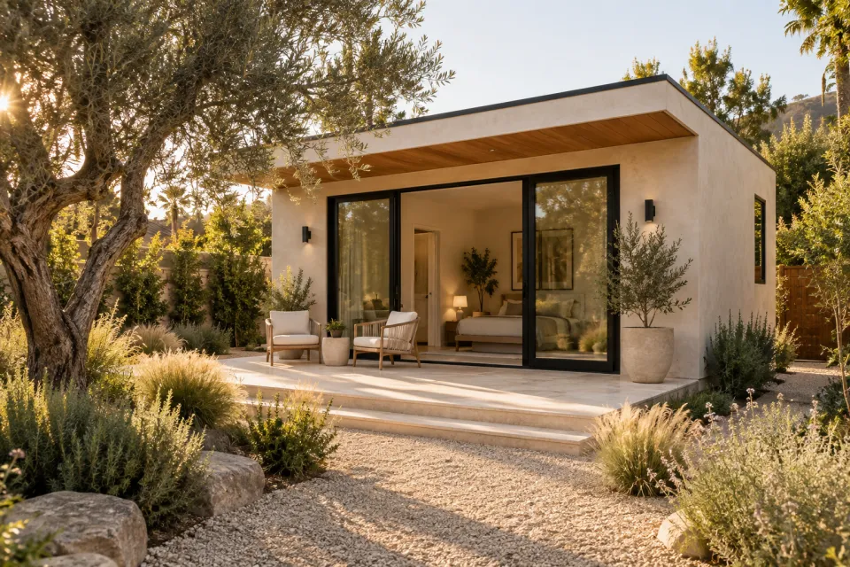 Backyard guesthouse design inspiration with a shaded terrace and native landscaping