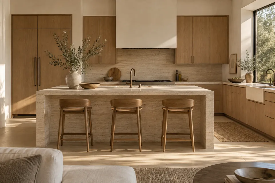 Kitchen design inspiration with oak cabinetry and a warm stone island